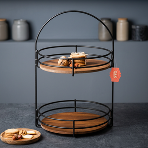 Premium 2 Tier Acacia Wood Cake Stand <b>Round</b> <b>Serving</b> <b>Tray</b> with Metal Frame Handles Luxury Dessert Drink Food Display Platter - Product Image 2
