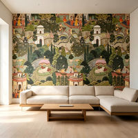 Papier peint mural de jardin indien, décoration murale traditionnelle vintage, scène de palais indien rétro, murale pour salon et chambre à coucher
