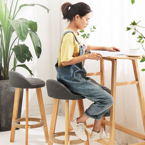 Lingtuo Bar <b>Stool</b> Solid Wood Nordic Style Fabric <b>Seat</b> High <b>Stool</b> For Home Dining Room - Product Image 3