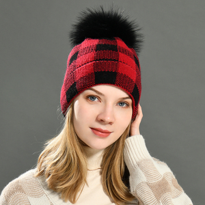 Chapeau d'hiver en cachemire tricoté épais et chaud de haute qualité, avec revers, pour femmes, motif écossais, mode, doux, moelleux, <span class=keywords><strong>pompon</strong></span> en fourrure véritable, bonnet - Product Image 2
