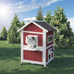 WoodVille 2-verdiepingen buitenkattenverblijf van massief hout, modern dierenhuis met trap, raam, ademend, duurzaam metalen constructie voor kleine katten - Product Image 3