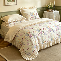 Parure de lit Shabby Chic bleu nuit 100% coton, dégradé indigo et violet royal, motif floral à volants, texture peinture à l'huile