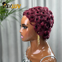 PIXLUV Peluca de Cabello Humano Corto Estilo Bob sin Pegamento con Cabello Rizado Birmano Estilo Vietnamita Grado 12A/15A Densidad 130%-300%