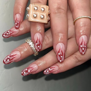 Delicate Romantic Red <strong>Flame</strong> and White Heart Motifs <strong>Design</strong> Medium Almond Pink Press on <strong>Nails</strong> - Product Image 1