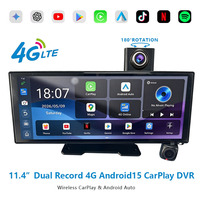 Caméra de tableau de bord avec écran rétroviseur 11,4 pouces, CarPlay sans fil, Android Auto, 4G+64 Go, double objectif, GPS et vision nocturne pour SUV et camion