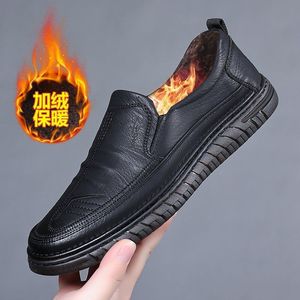 Men's Slip On Leather <b>Shoes</b> <b>Soft</b> Sole Breathable Low Heel Fleece Lined Casual Loafers For Middle Aged Dad Winter Warm <b>Shoes</b> - Product Image 1