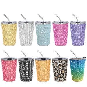 DD2747 Studded Bling Diamond Tumbler For Women 17 Oz Glitter Stainless Steel Cup With Lid And Straw Decorated Water Bottle