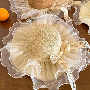 Sombrero de Sol Ajustable de Doble Capa con Volantes de Organza y Borde Ancho con Encaje, Protección UV para Vacaciones en la Playa, para Mujer - Product Image 4