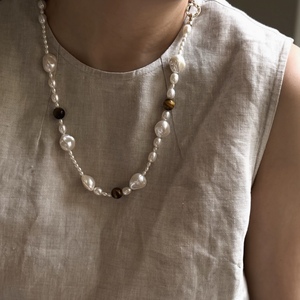 Conjunto de Collar y Pulsera de Perlas Barrocas de Agua Dulce Irregulares con Diseño de Nicho de Moda Collage, Conjuntos de Joyería de Moda con Piedra de Ojo de Tigre - Product Image 3