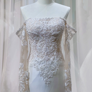 Vestido de Novia Sirena de Manga Larga sin Tirantes, con Espalda Descubierta, Hecho a Mano con Encaje y Tul, con Flores, Tallas Grandes, Sujetador Incorporado - Product Image 5