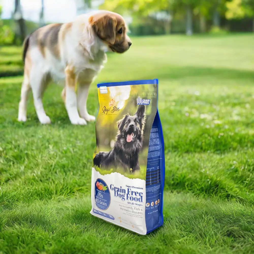 Embalaje de alimentos para mascotas 3kg OEM impresión personalizada PE reciclado ecológico fondo cuadrado Ziplock comida para mascotas bolsa de plástico para comida de perro y gato