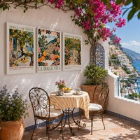 Ensemble de 3 tableaux muraux La Dolce Vita, art aquarelle italien de la côte d'Amalfi, orange et citron, sur toile encadrée, décoration de cuisine et salle à manger