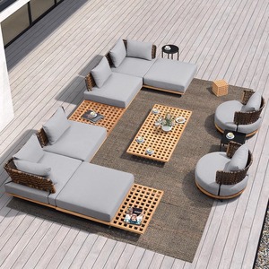 Ensemble de canapés de jardin en bois massif, résistant à l'eau et aux rayons du soleil, en rotin tressé, style nordique, pour villa, hôtel, jardin, avec coussins - Product Image 2