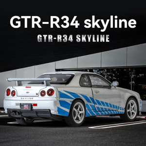 JLF GTR-R34 Skyline 1:32 Coche de juguete de aleación fundida a presión con sonido y luz, modelo de metal con retroceso, adorno para coche, puertas que se abren, decoración todoterreno - Product Image 3