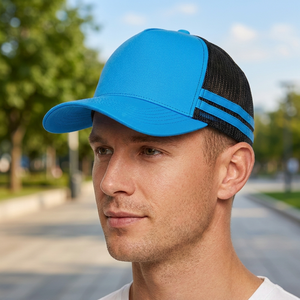 Gorra Trucker de Lona Azul con Malla y Rayas en Contraste, Ajustable, de 5 Paneles, Unisex, para Uso Casual al Aire Libre en Primavera y Verano, 100% Algodón - Product Image 3