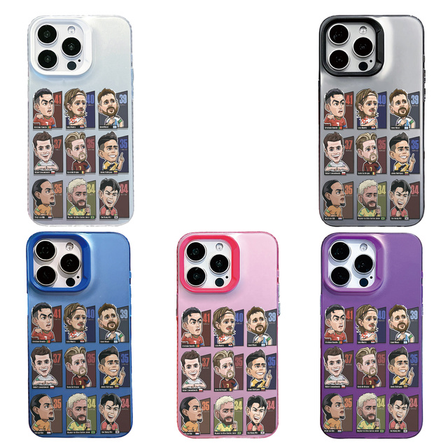Cartoon Soccer Player Collage Phone Case for iPhone 16/15/14/13/12 Pro Max, Multicolor Gradient Bumper Cover Custom Printed case