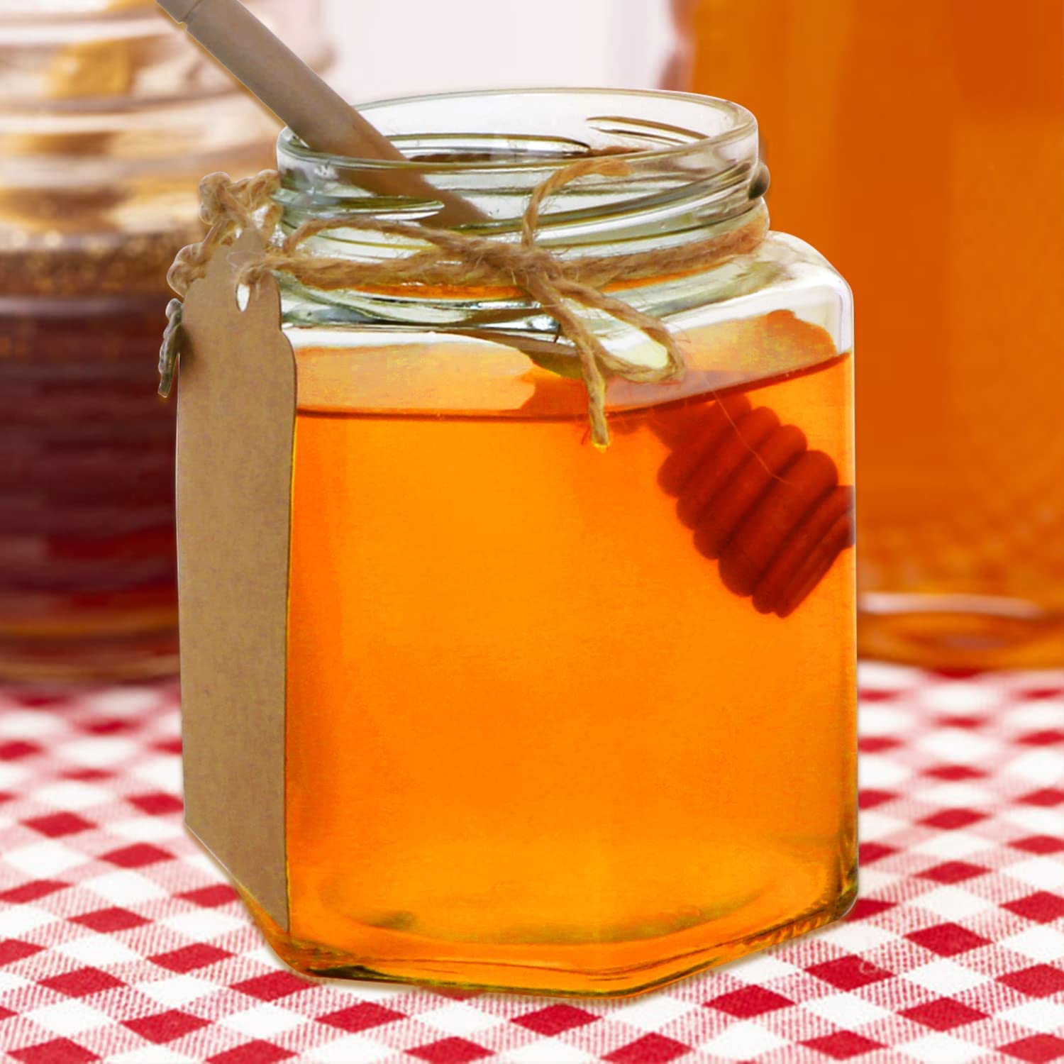 Clear Glass Jars 12 oz Glass Honey Jars with Golden Lids Wooden Honey Sticks