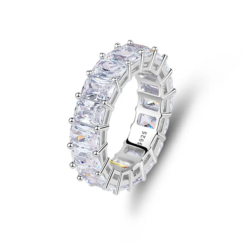 Luxo Retângulo A Row Cubic Zirconia 925 Sterling Silver Jewelry Anéis De Noivado para As Mulheres