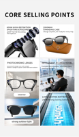 Lunettes intelligentes CY03max avec compartiment de charge 2000mAh, caméra 800W pixels, enregistrement vidéo, traduction audio, anti-tremblement, ODM