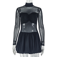 Sexy Damen-Minikleid für Clubs mit Empire-Taille, Antistatisch, A-Linie, Einfarbig, Stehkragen, Lange Ärmel, Y2K-Partykleidung