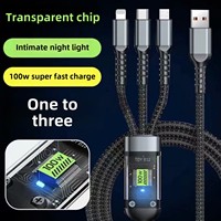 Câble de téléphone portable 3-en-1 à charge rapide 100W 5A USB 3.0 Type-C avec conducteur en cuivre pur et gaine en nylon tressé transparent 1,2m