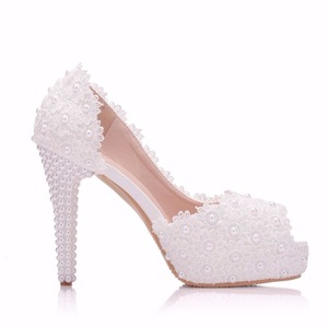 BS032 11cm <span class=keywords><strong>tacchi</strong></span> donna dolce pizzo bianco Peep Top <span class=keywords><strong>tacchi</strong></span> alti perle scarpe da sposa scarpe da sposa - Product Image 4