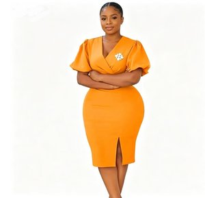 Novo Vestido Midi Feminino de Verão com Decote em V, Liso, Modelo Africano Elegante com Fenda Aberta e Manga Bufante Curta, Ideal para o Escritório - Product Image 3