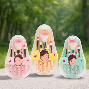Cute Natural Hair Makeup <b>Brush</b> Set 5 Piece Flat Handle Drum Shape Travel Friendly Lip <b>Blush</b> Eyeshadow Cheek - Product Image 3