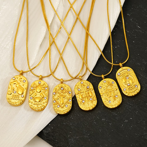 Collier Pendentif Ovale Vintage Décontracté en Acier Inoxydable Plaqué Or 18K avec 12 Signes du Zodiaque, <span class=keywords><strong>Personnalisé</strong></span> avec Cristal CZ <span class=keywords><strong>Horoscope</strong></span> - Product Image 3