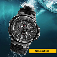 Montre de survie en plein air pour homme, tactique, multifonctionnelle, bracelet réglable, étanche, sportive, double cadran