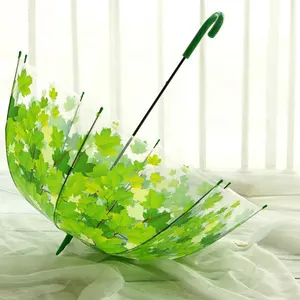 Full color green leaf printing dome shape Bubble Transparent Automatic straight umbrella
