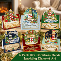 Kit de 6 cartes de vœux de Noël pliables 3D à peindre au diamant, avec perles et strass, faites à la main, pour les fêtes