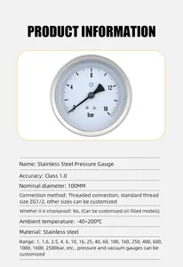 Made In China Cheap 304SS Stainless Steel 4-inch Pressure Gauge With Back Connection Pressure Gauges