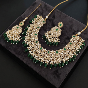 Indian Traditional Antique Gold Plated Kundan Choker Necklace <b>Set</b> Sea Green Mint Gemstone Bead Bridal Jewelry <b>Set</b> with Earrings - Product Image 4
