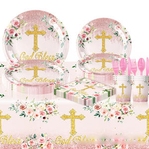 Nouveau-né baptême fête <span class=keywords><strong>vaisselle</strong></span> ensemble <span class=keywords><strong>jetable</strong></span> papier assiette serviettes tasse pour bébé baptême élégant Table décoration - Product Image 1