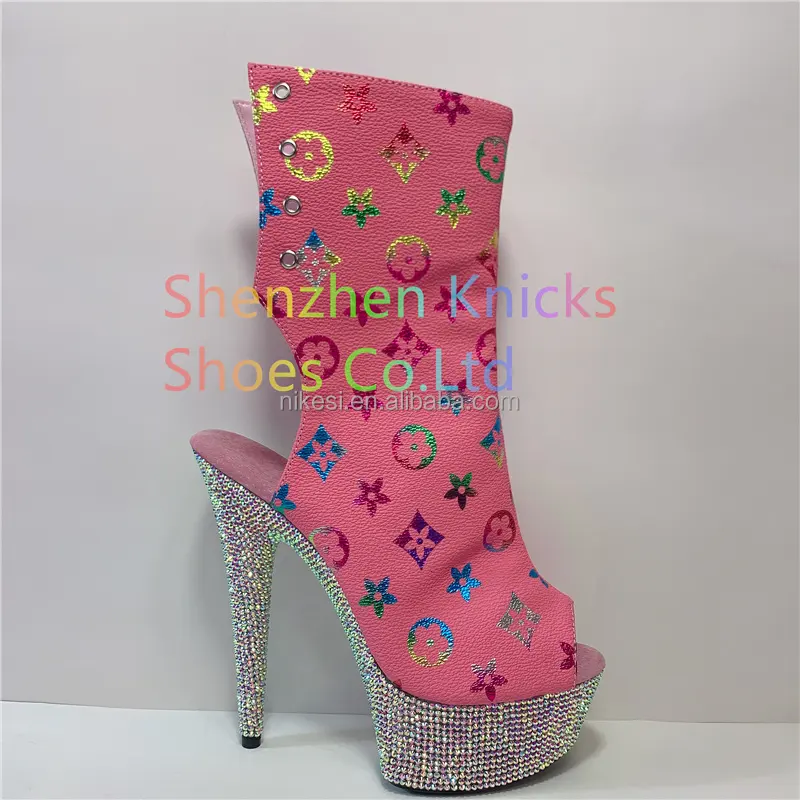 6inch-15CM Heel Back Lace-Up Ankle Boot Featuring the Entire Platform Embellished with Diamond- Shaped AB Rhinestones