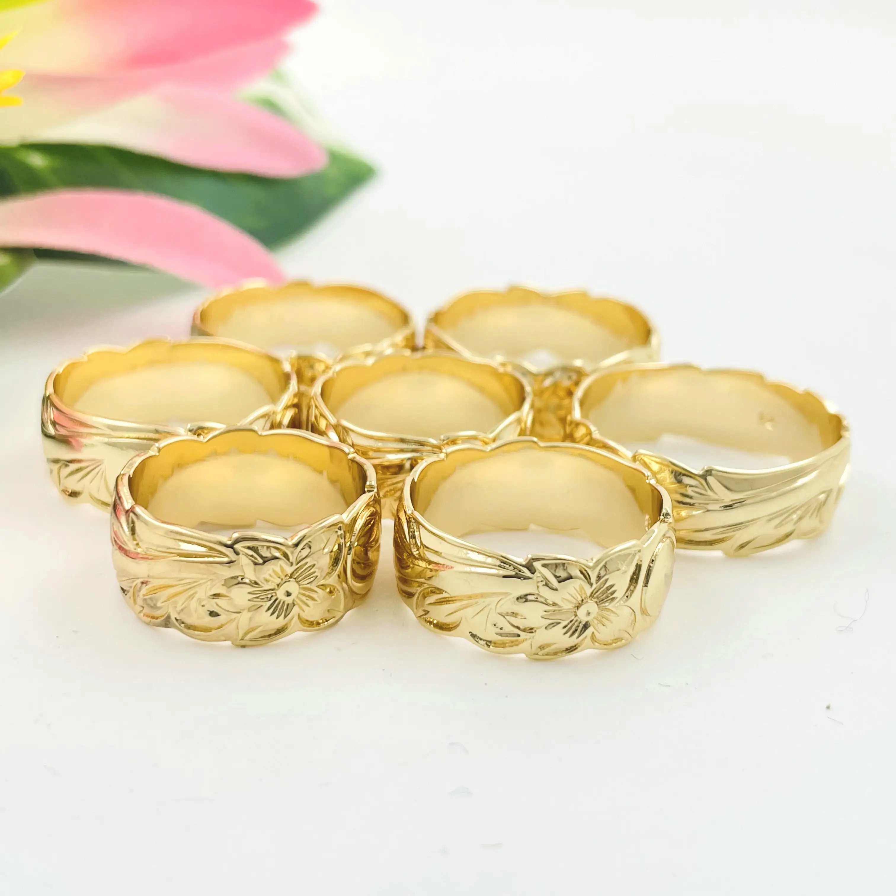8mm Hawaii flower rings hibiscus scroll band design gold engagement 14K couple ring different sizes available for women girl
