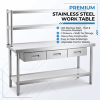 Table de préparation de cuisine en acier inoxydable avec tiroirs, double étagère supérieure et inférieure, pieds réglables, plan de travail