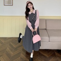 Robe midi trapèze à col à revers et manches longues bouffantes à fines rayures, effet deux pièces, pour femme, printemps-automne