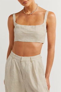 Nouvel ensemble décontracté <span class=keywords><strong>2</strong></span> pièces pour femme 2026 : haut court uni à col halter et pantalon large en lin/coton, blanc, pour l'été - Product Image 5