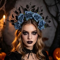 Bando Rambut Mawar Halloween Vintage Barat, Hiasan Kepala Bunga Daun Hitam yang Dapat Dipersonalisasi, Kain Buatan Tangan untuk Cosplay dan Pesta Topeng
