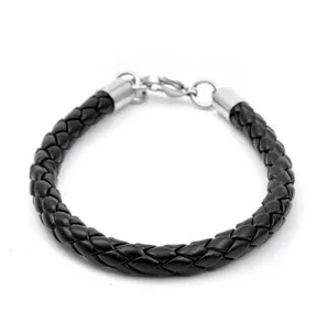 Pulseira de couro trançado de aço inoxidável, para homens e mulheres, bracelete de couro, pulseira de punho, pulseira de couro marrom e preto