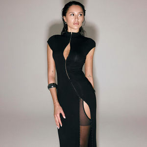 Robe maxi unie à col mandarin sexy, découpe, fente haute, manches courtes, taille naturelle, lavable, robe chinoiserie pour femmes - Product Image 3