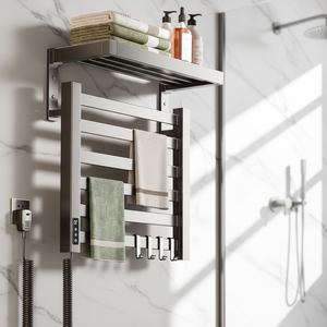 Sèche-serviettes électrique mural intelligent en aluminium noir, chauffe-serviettes rond à <span class=keywords><strong>tube</strong></span> chauffant pour salle de bain - Product Image 1