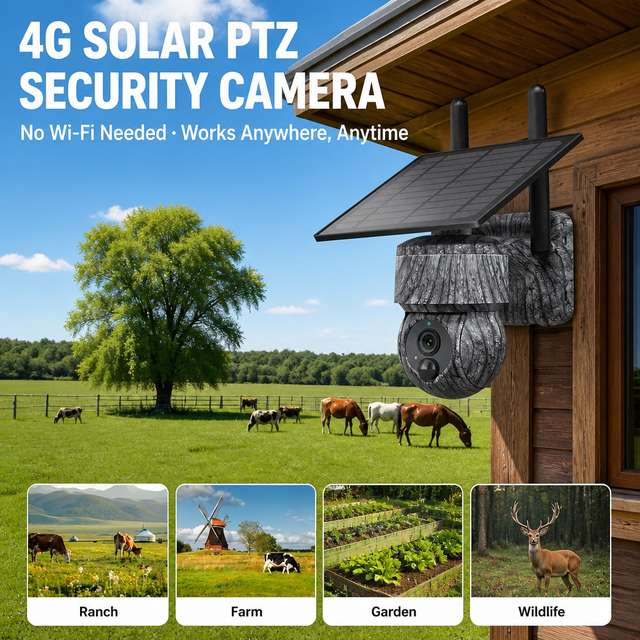 4G Camo Solar Security Camera Outdoor Wireless PTZ IP66 Night Vision Battery Powered No WiFi for Farm Wildlife Hunting Remote