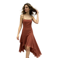 Robe midi marron unie en satin tissé à col carré et volants, taille naturelle, coupe évasée, Printemps-Été pour Femme