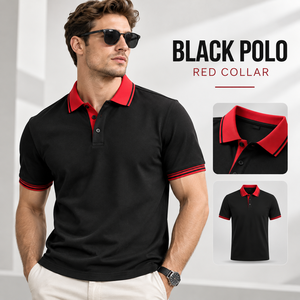 Polo noir à col rouge, 95% polyester, 5% élasthanne, bordure contrastée, piqué performance, polo de golf, logo personnalisé, fabricant OEM - Product Image 1