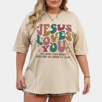 T-shirt ample et décontracté pour femme en coton épais 140 g/m² avec épaules tombantes, imprimé logo « Jésus t'aime » et patchs, respirant