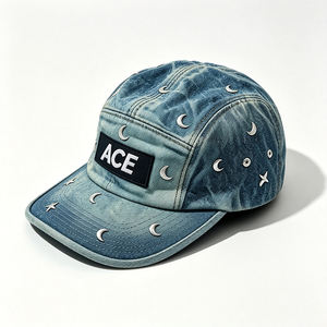 Casquette de camping unisexe 5 panneaux en denim délavé vintage avec rivets métalliques et patch ACE, option logo personnalisé, style Y2K, streetwear, chapeau d'extérieur - Product Image 4