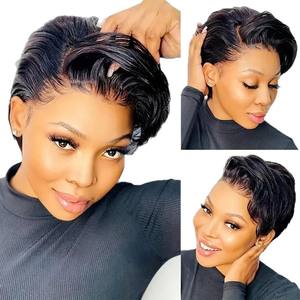 Pelucas cortas <span class=keywords><strong>de</strong></span> corte Pixie Peluca <span class=keywords><strong>de</strong></span> <span class=keywords><strong>cabello</strong></span> humano 13x4 Encaje Frontal HD Color natural transparente para mujeres Pelucas populares - Product Image 2
